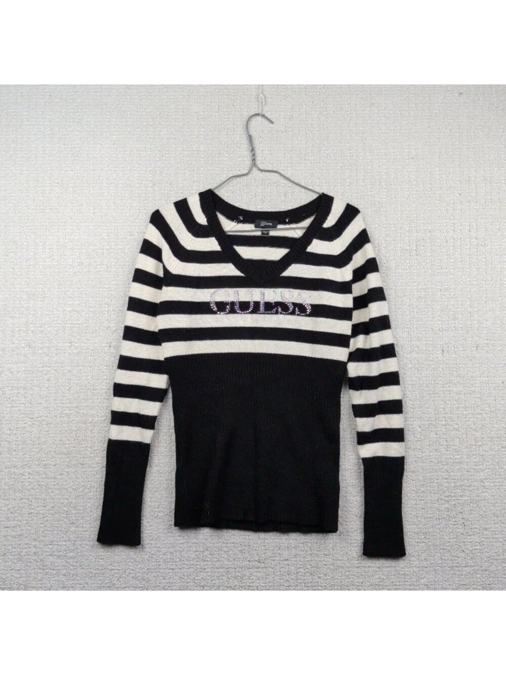 Y2K Guess Ribbed Knit V-Neck Long Sleeve Bodycon Sz L Goth Glam Mcbling 2000's